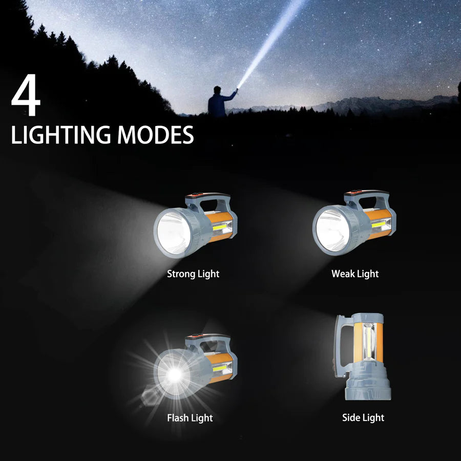 Torcia a carica solare, luce laterale con maniglia，4 Modes Searchlight Power bank output